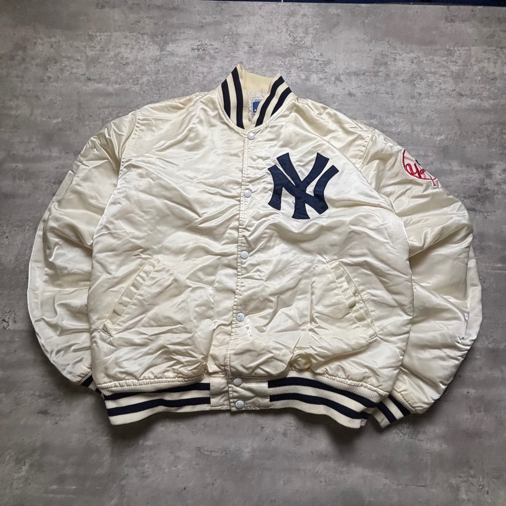 Starter New York Yankees Jacket Large Cream Satin Varsity MLB Vintage